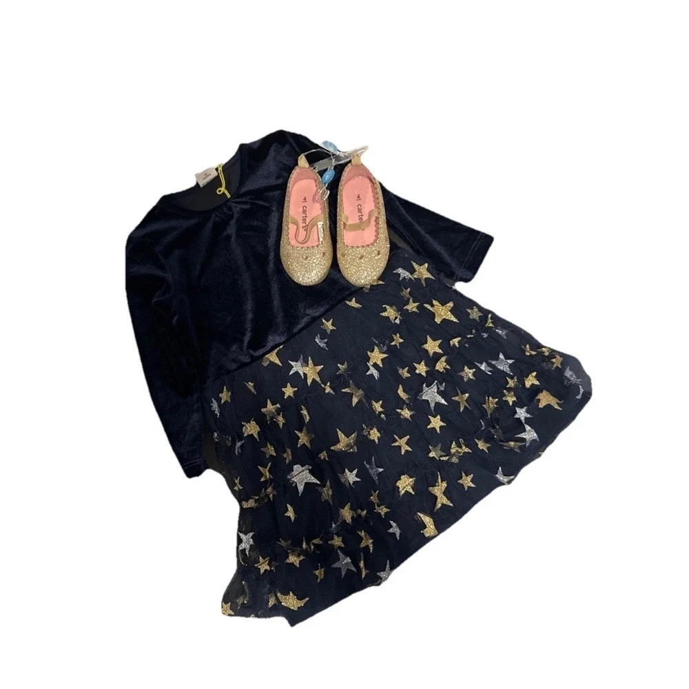 EGG Toddler Navy Blue & Gold Stars 18M Dress Carter's Gold Slip On Shoes Size 4
